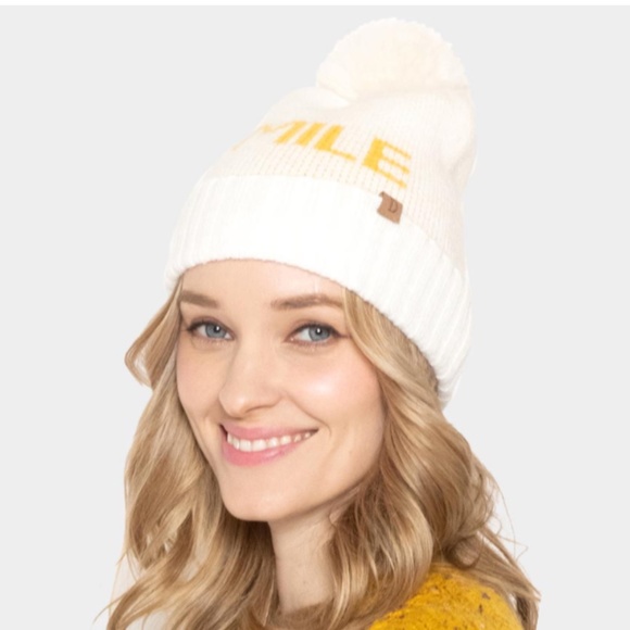 SMILE FAUX FUR POM POM BEANIE HAT - Picture 2 of 2